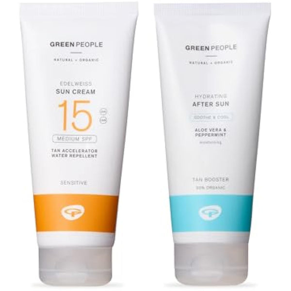 Green People Edelweiss SPF15 Sun Cream & After Sun - Natural, Organic Sunscreen with Tan Accelerator - Non Comedogenic, Reef Safe - 2x200ml