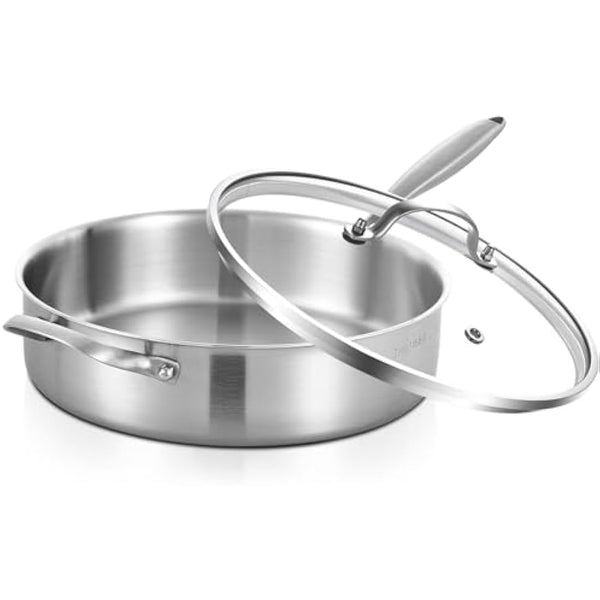 Inqibee 28 CM Tri-Ply Stainless Steel Sauté Pan with Lid,Induction Deep Frying Pan,Detachable Ergonomic Handle and Oven Safe