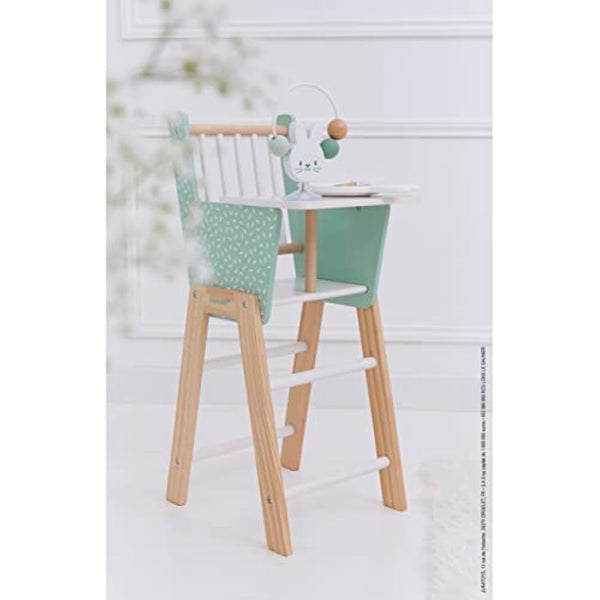 Janod - Zen FSC Wood Highchair - Pretend Play Toy - Accessory for Dolls up to 42 cm - 3 Years +, J05901,Water Green/White