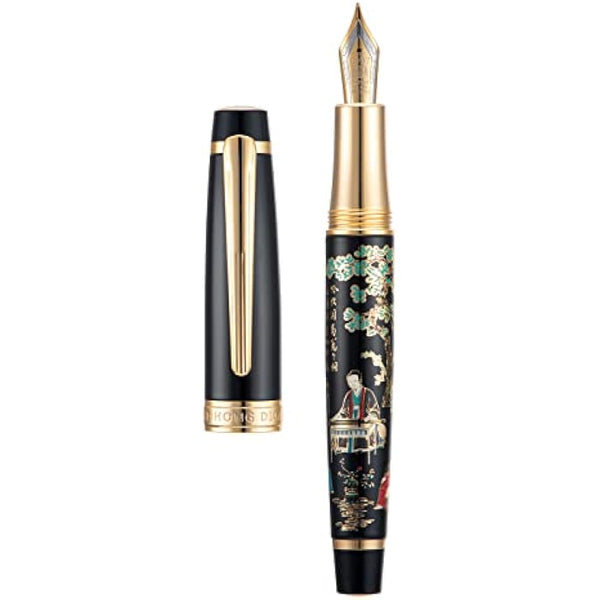 Hongdian 231 Chinese Classical Fountain Pen, Iridum Fine Gold Nib with Chinese Painting Design, Smooth Writing Pen with Ink Converter and Metal Pen Box Set