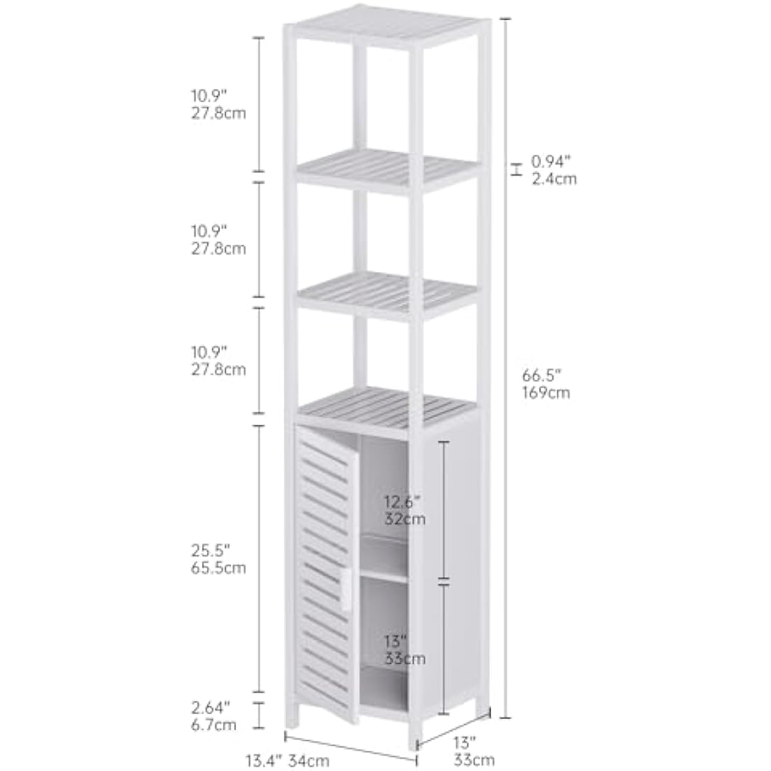 HITNET Bathroom Storage Cabinet, Bamboo Tall Narrow Linen Floor Standing Tower Organizer with Shutter Door and 4 Open Shelves for Kitchen, Living Room, Bedroom, White