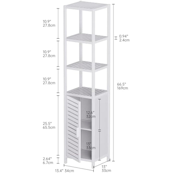 HITNET Bathroom Storage Cabinet, Bamboo Tall Narrow Linen Floor Standing Tower Organizer with Shutter Door and 4 Open Shelves for Kitchen, Living Room, Bedroom, White