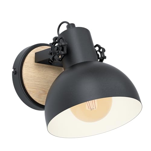 Eglo Indoor Wall lamp Lubenham, Vintage Wall Light in Industrial Design, Retro Wall Spotlight Made of Steel and Wood, Colour Black, Brown, Socket E27,