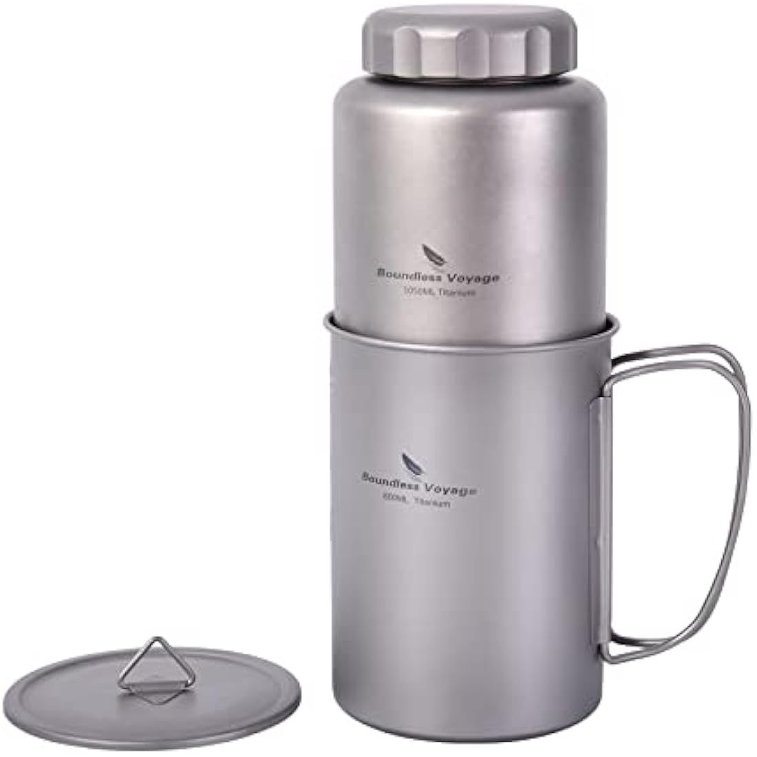 iBasingo 1050ml Titanium Bottle with 600ml Nesting Cup Outdoor Camping Single Layer Wide Mouth Cookware Lightweight Portable Big Capacity Bottle Mug Set Hiking Picnic Solo Cooking Mess Kit Ti3007D