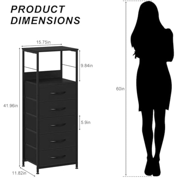 CADUKE Chest of Drawers, Tall Storage Tower with 5 Fabric Drawers for Bedroom, Sturdy Steel Frame & Wooden Top, Fabric Dresser for Living Room, Hallway, Entryway, Nursery, Black