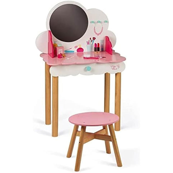 Janod - P'tite Miss Wooden Dressing Table for Children - 10 Accessories Included - Pretend Play - For children from the Age of 3, J06553, Pink and White