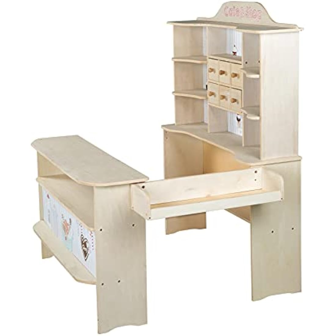 roba Wooden Play Shop 'Café & Shop' - Sales Stand With 6 Drawers + Side Counter + Accessories (Natural With Print)