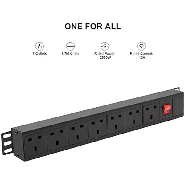 Extension Lead Power Strip, THOWALL 7 Way Extension Plug Sockets with Cable, Wall Mountable Power Socket, 13amp Power Distribution Unit Rack Mount with Mounting Brackets, Surge Protection,1,8M