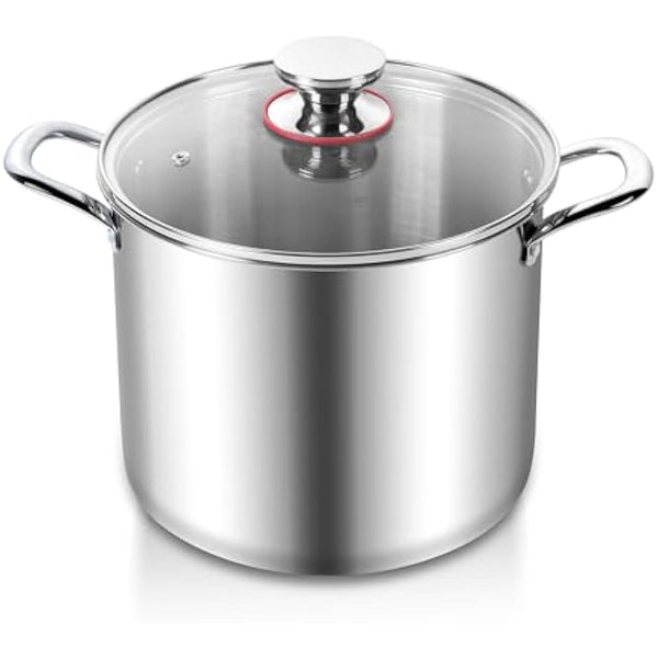 Joyfair Large Stock Pot, 10L Tri-Ply Stainless Steel Stockpot with Glass Lid, Induction/Gas/Ceramic/Electric/Halogen Safe Soup Pot for Simmering Stewing, Heavy-Duty & Riveted Handles & Easy Clean