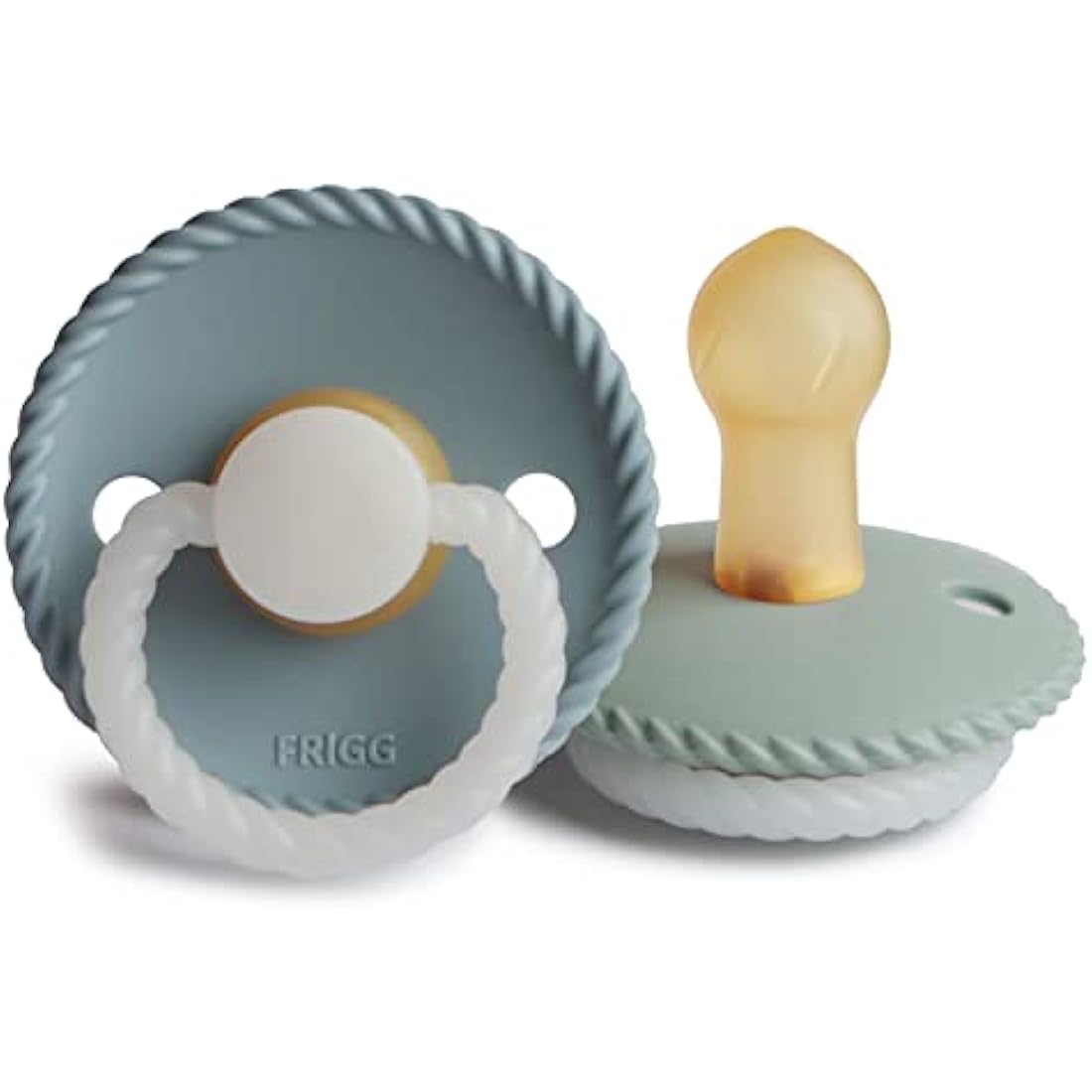 FRIGG Rope Night Latex Pacifier Pack of 2 | Natural Rubber Soother Dummy | Glow | BPA-Free | Made in Denmark | Symmetrical Cherry Shaped Nipple (Stone Blue Night/Sage Night, Size 1 (0-6 Months))