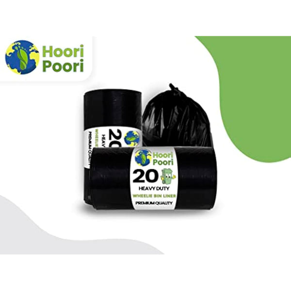 HooriPoori 20 super strong Heavy Duty Wheelie Bin Liners 240 Litre Large Wheelie Bin Bags Black Refuse Sacks For Home, Garden Kitchen House Office Caterers Rubbish 100% Waste Recycled Material