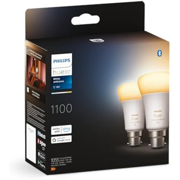 Philips Hue White Ambiance Smart Bulb Twin Pack LED [B22 Bayonet Cap] - 1100 Lumens (75W Equivalent). Works with Alexa, Google Assistant and Apple Homekit