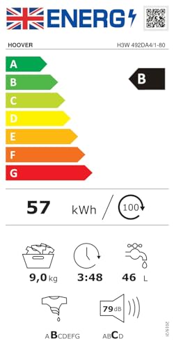 Hoover H-WASH 350 9kg Freestanding Washing Machine, 1400 RPM, A Rated, ECO-Power Inverter Motor, hOn App, 60 Programmes, Eco Doser, Power Care System, Graphite, 60x54x85 cm - H3WPS496TAMBR680