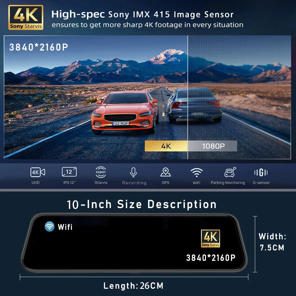 10 Inch Dash Cam 4K GPS WIFI Mirror Car DVR Dual Lens Dashcam IPS Screen Car Camera Drive Recorder Stream RearView Mirror