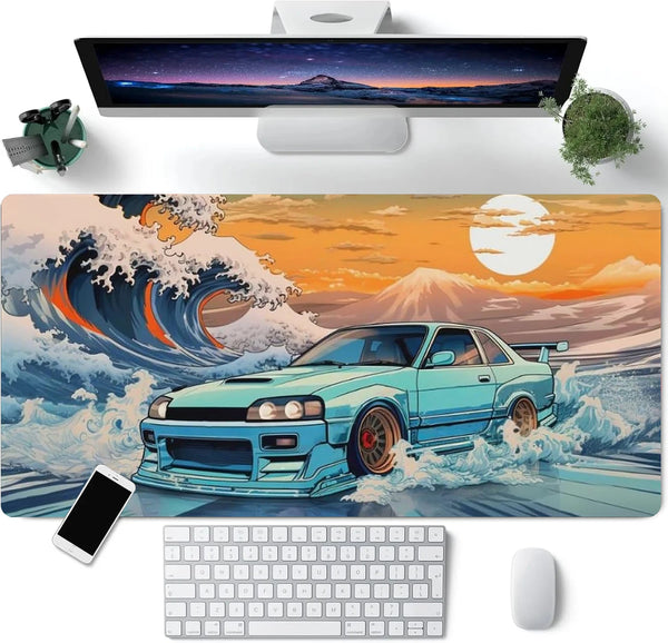 JDM Car Large Mouse Pad Gaming Great Wave Japanese Mousepad Ocean Sunset R33 Desk Mat for Keyboard Mats Non-Slip Rubber Desk Pad