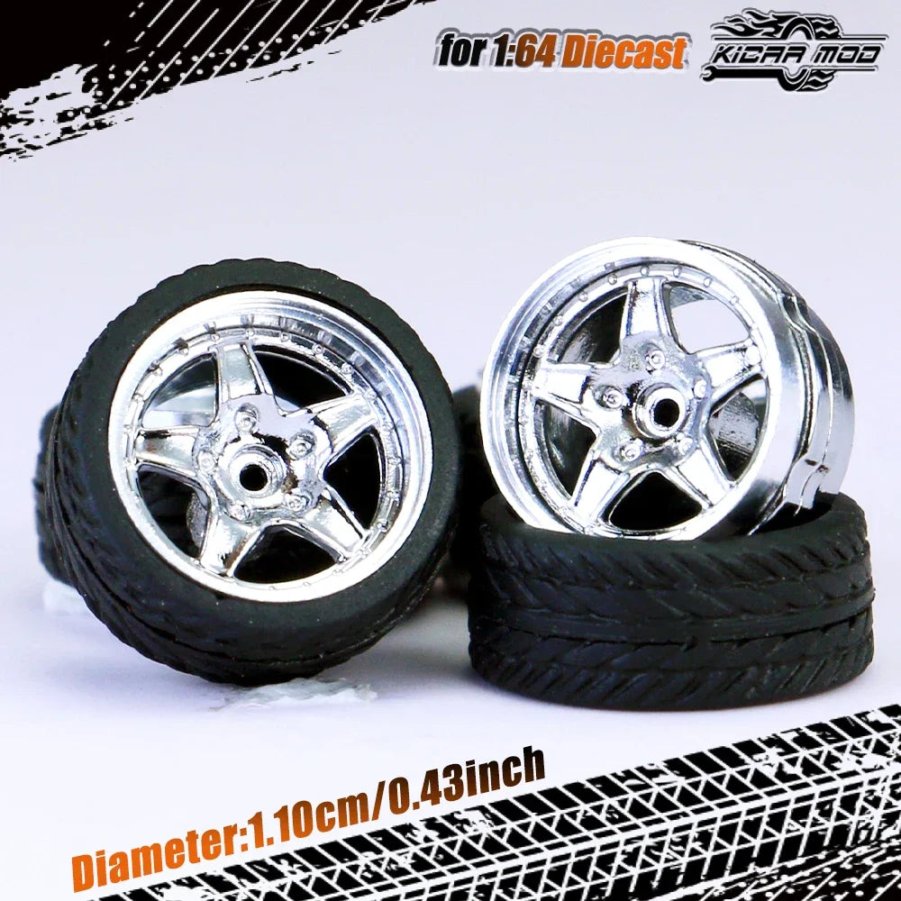 Kicarmod 1/64 Model Car ABS Wheels with Rubber Tire Rivet Axle Metal Rims Diameter 11mm Refitting Parts For Model Car Hot Wheels