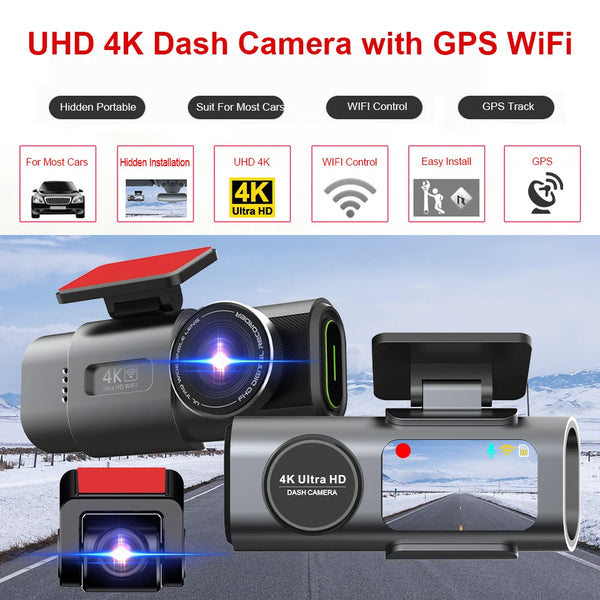 Dash Cam Dual Lens 4K UHD Recording Car Camera DVR Night Vision Video Recorder Support GPS Wi-Fi Room Black Box Rear View Camera