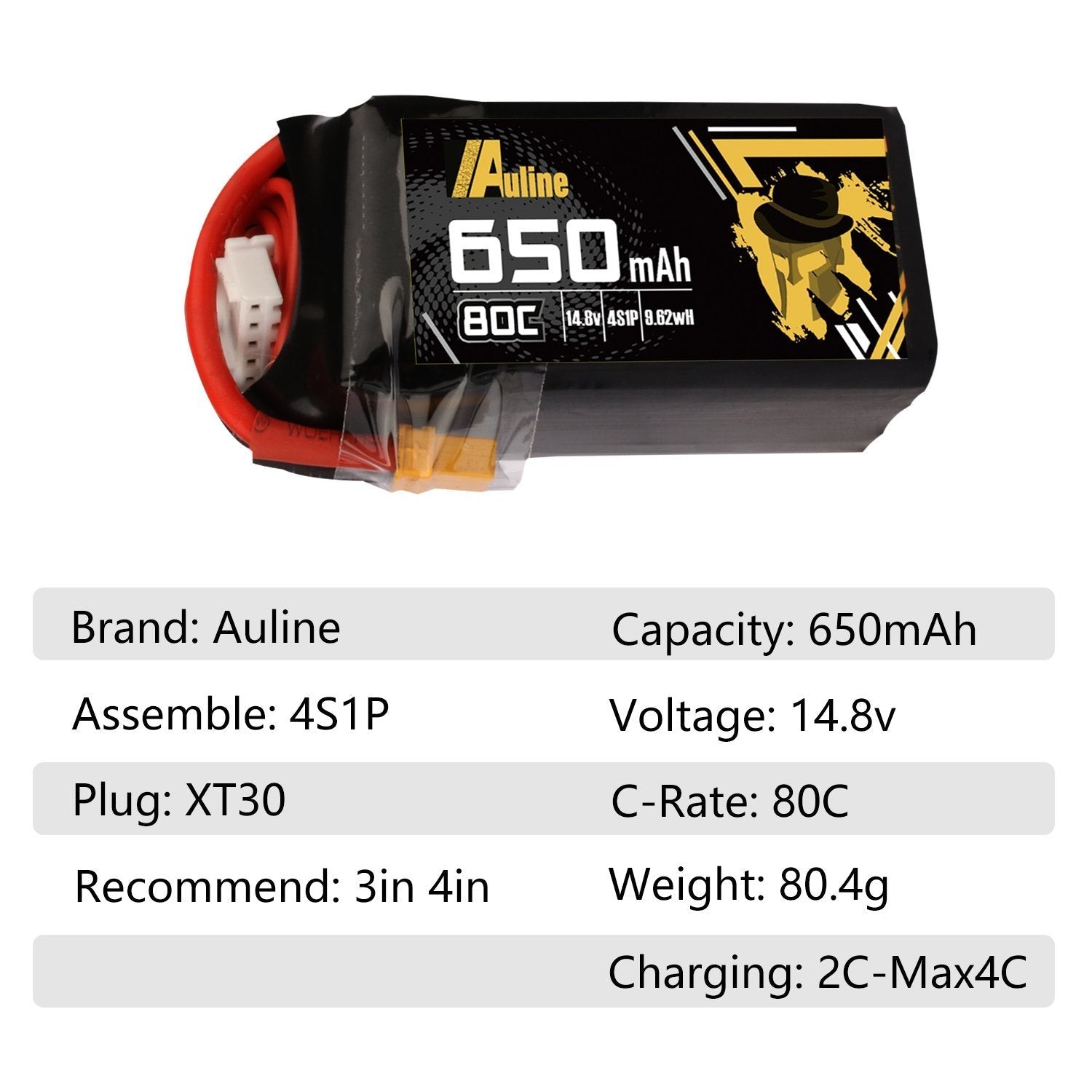 AuLine 650mAh 4S 14.8V 80C XT30 Lipo Battery