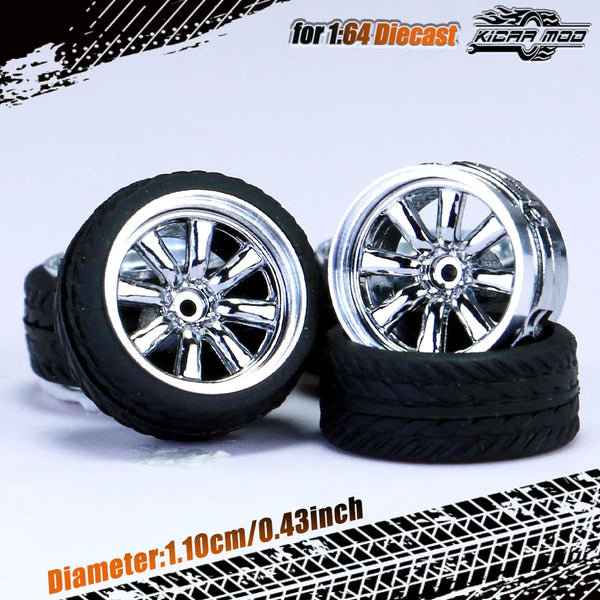 Kicarmod 1/64 Model Car ABS Wheels with Rubber Tire Rivet Axle Metal Rims Diameter 11mm Refitting Parts For Model Car Hot Wheels