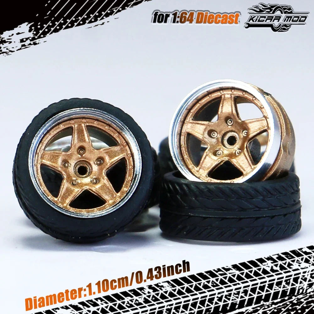 Kicarmod 1/64 Model Car ABS Wheels with Rubber Tire Rivet Axle Metal Rims Diameter 11mm Refitting Parts For Model Car Hot Wheels