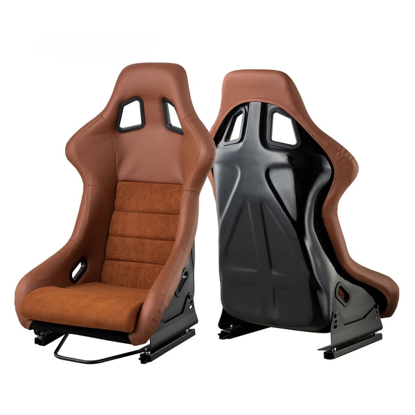 JIABEIR 1097 USA Stock Free Shipping Universal Fixed Brown PVC Leather with Alcantara Suede Car Bucket Racing Seats