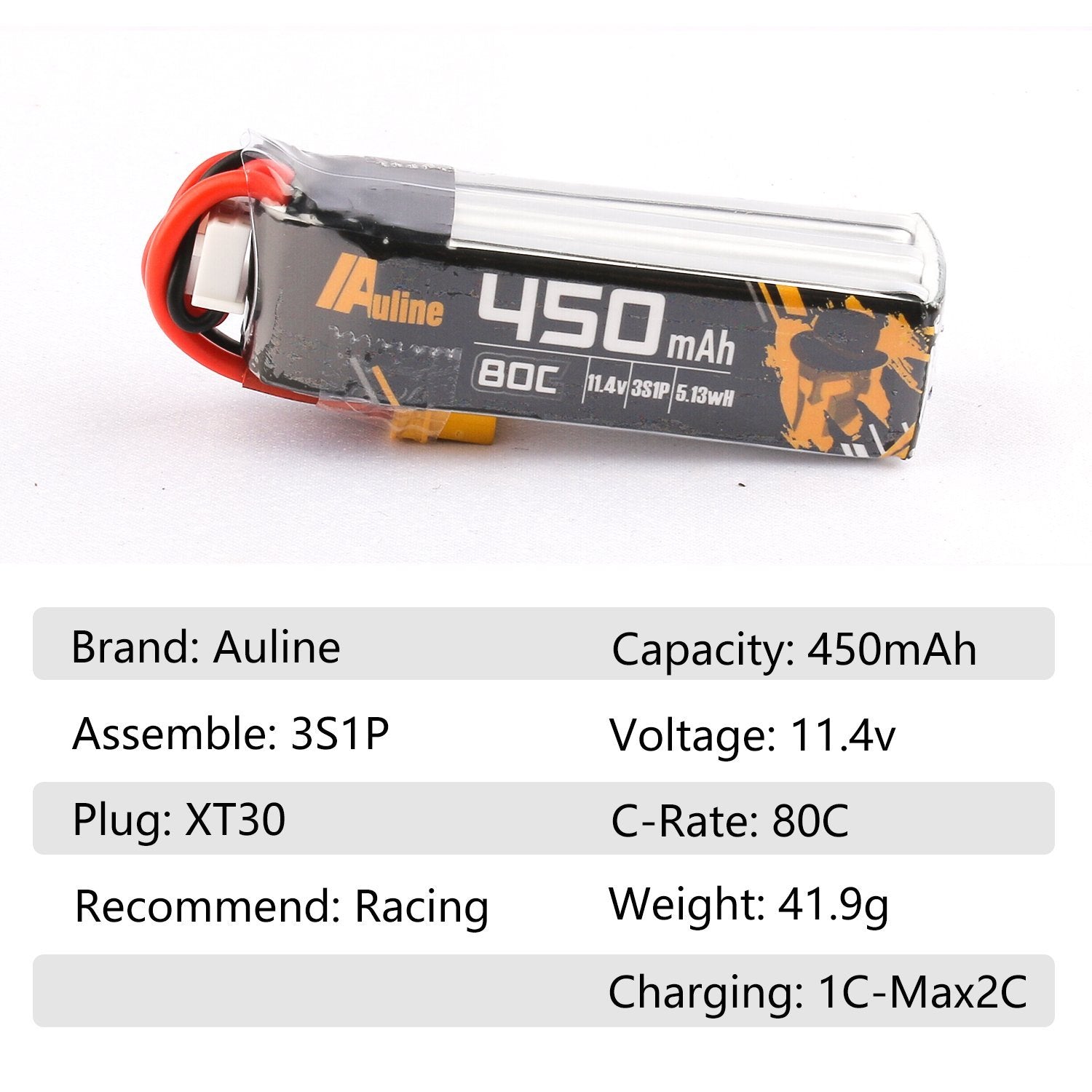 AuLine 450mAh 3S 11.4V HV 80C XT30 Lipo Battery (2x Pack) for Toothpick and CineWhoop