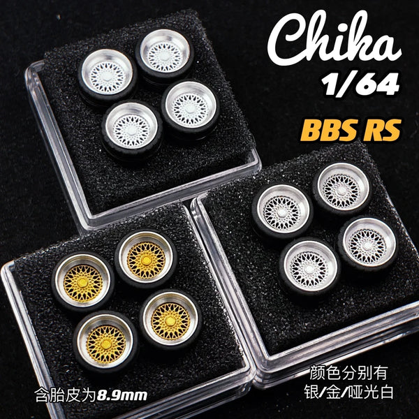 1/64 Chika  Wheels with Rubber Tires Model Car Modified Parts BBS RS  JDM VIP For Hotwheels Tomica MiniGT （Supplied with axle）