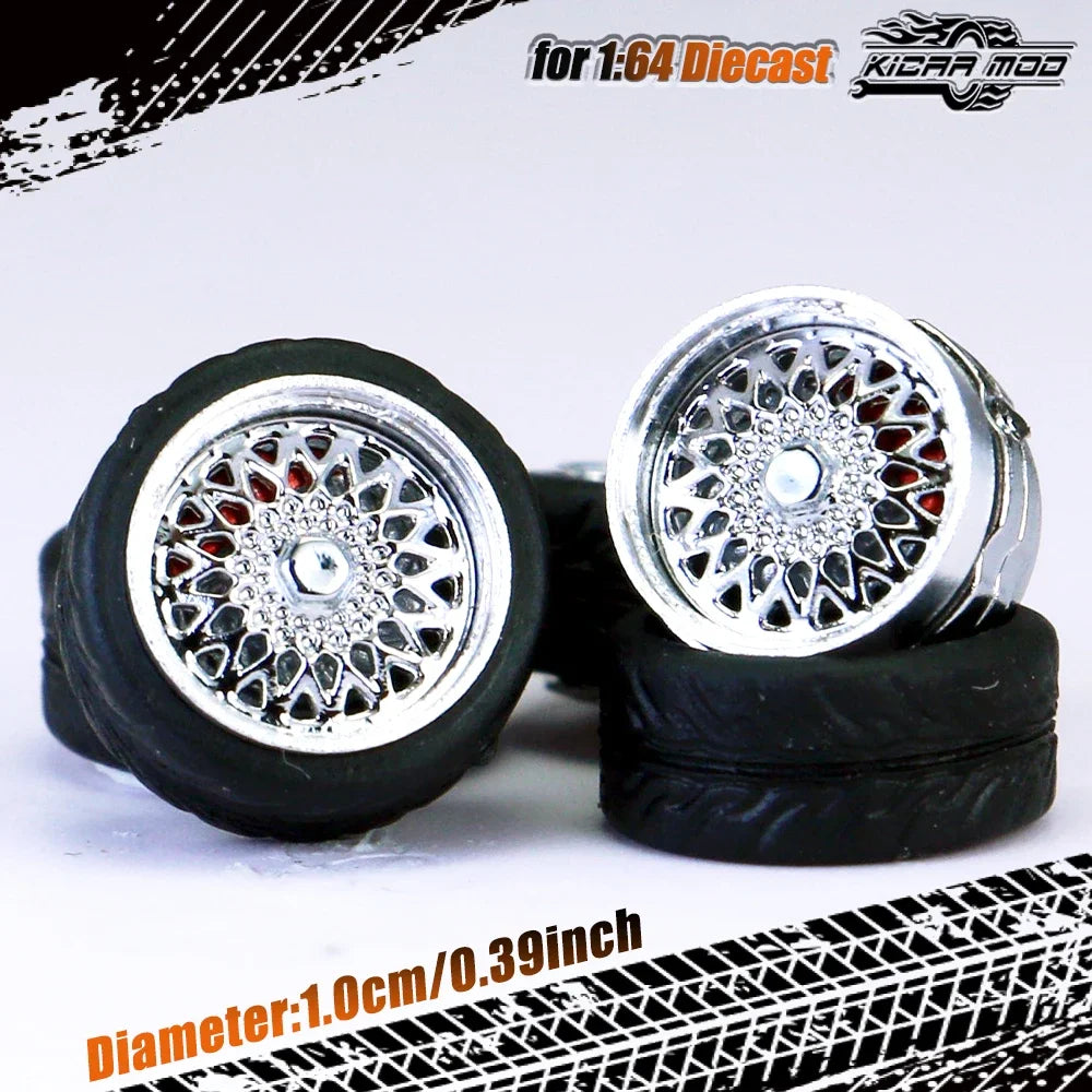Kicarmod 1/64 Model Car ABS Wheels with Rubber Tire Brake Disc Metal Rims Diameter 10mm Refitting Parts For Model Car Hot Wheels