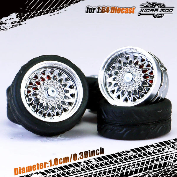 Kicarmod 1/64 Model Car ABS Wheels with Rubber Tire Brake Disc Metal Rims Diameter 10mm Refitting Parts For Model Car Hot Wheels