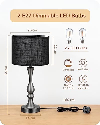 EDISHINE Bedside Lamps Set of 2, 3 Way Dimmable Touch Lamp with USB Charging, Table Lamps for Living Room, Bedroom, Black Linen Shade (LED Bulbs Included)