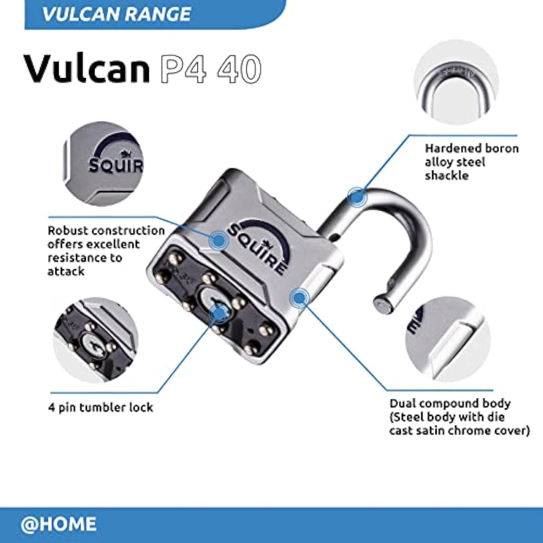 Squire Heavy Duty Padlock (Vulcan P4/40) - Toughest Open Shackle Vulcan Padlock - Steel Cast Alloy for Corrosion Resistance - Weatherproof Lock for Home, School & Shed (Silver, 40 mm)