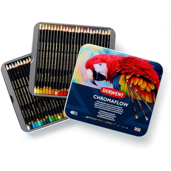 Derwent Chromaflow Pencils, Set of 48 in Tin, 3.5mm Round Core, Premium Core Strength, Blendable with Smooth Texture, Ideal for Drawing, Colouring & Layering, Professional Quality, 2306013