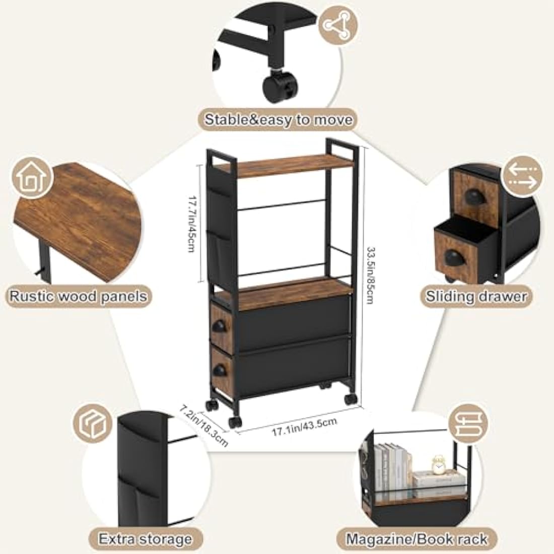 LyTaispuly Narrow Side Table with Drawers&Wheels, Slim Bedside Tables Thin Nightstand, 80cm Tall Sofa End Table Small Magazine Rack with Storage Bag for Living Room, Bedroom Space Saving (Rustic)