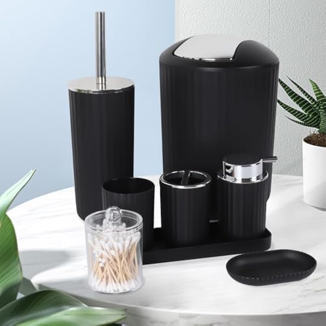 FEILANDUO Bathroom Accessories Sets Complete, 8 Pcs Bathroom Accessory Set with Trash Can, Soap Dispenser, Soap Dish, Toothbrush Holder, Toothbrush Cup, Toilet Brush and Qtip Holders,Vanity Tray,Black