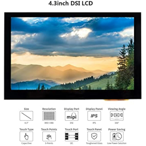 4.3inch DSI LCD Capacitive Touch Screen Display 800×480 Resolution IPS Wide Angle Monitor for Raspberry Pi 4B/3B+/3A+/3B/2B/B+/A+, Supports Ubuntu/Kali / WIN10 IoT