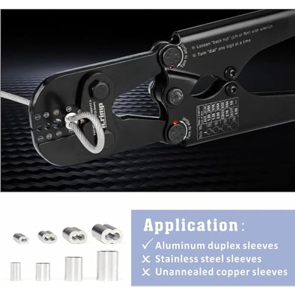 iCrimp Wire Rope Crimping Tool Kit with 330 Loop Sleeves and 45 Stainless Steel Thimbles, Built-in Cable Cutter, Heavy Duty Swager for Fishing, Cable Railing, Decking, and Outdoor Use