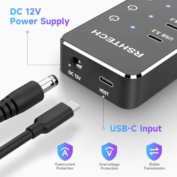 RSHTECH Powered USB-C Hub 3.2, 10-Port USBC Hub with 3x 10Gbps USB 3.2 Data Ports (2C+1A), 7x USB-A 3.0 5Gbps Splitter and 12V/5A (60W) Power Adapter, RSH-ST10C