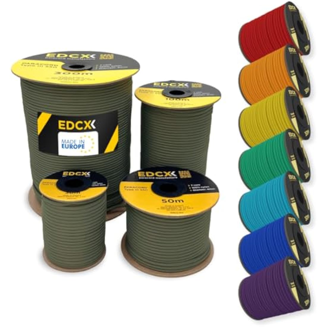 EdcX 4mm Rope 550 - Type III, 100% Rope, 7 Strand Rope, 4mm Rope in Solid Colors