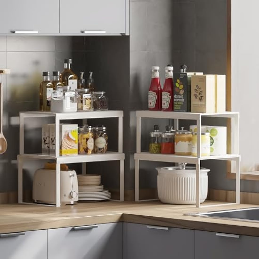 JEPEErbz Kitchen Cupboard Organiser, 4-Pack Cabinet Storage Shelf Organizer Rack, Metal Expandable Spice Holder, Stackable Storage Shelves for Cupboard, Shelf Insert, Countertop,Pantry (White)