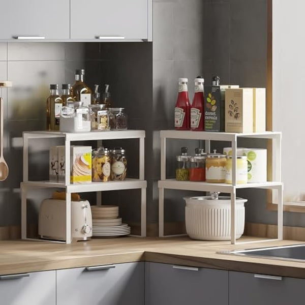 JEPEErbz Kitchen Cupboard Organiser, 4-Pack Cabinet Storage Shelf Organizer Rack, Metal Expandable Spice Holder, Stackable Storage Shelves for Cupboard, Shelf Insert, Countertop,Pantry (White)