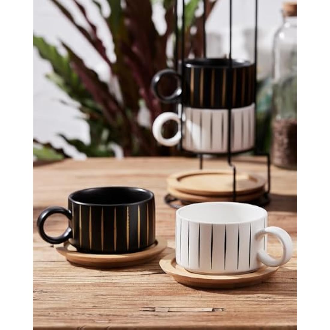 HOME DECOR Stackable Ceramic Coffee Cup, 160ml Cappuccino Mugs and Saucer with Metal Stand for Espressos, Cappuccinos and Lattes Cup, Set of 4 - Striped Collection