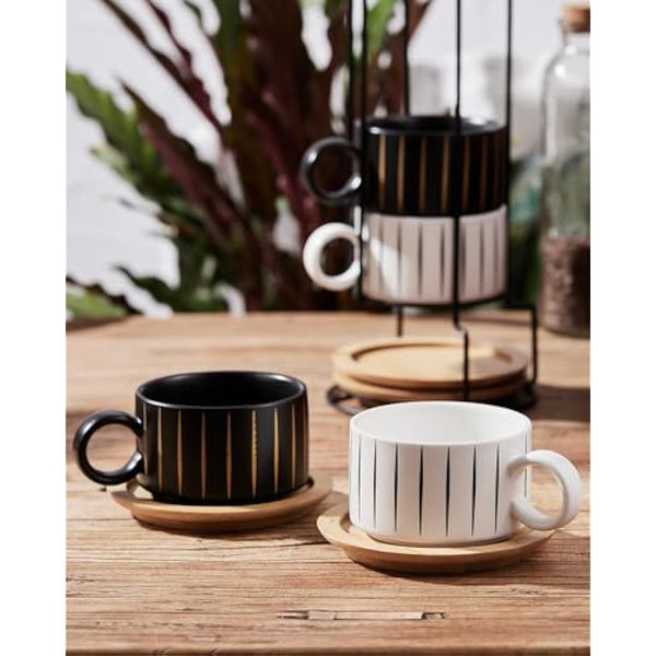HOME DECOR Stackable Ceramic Coffee Cup, 160ml Cappuccino Mugs and Saucer with Metal Stand for Espressos, Cappuccinos and Lattes Cup, Set of 4 - Striped Collection