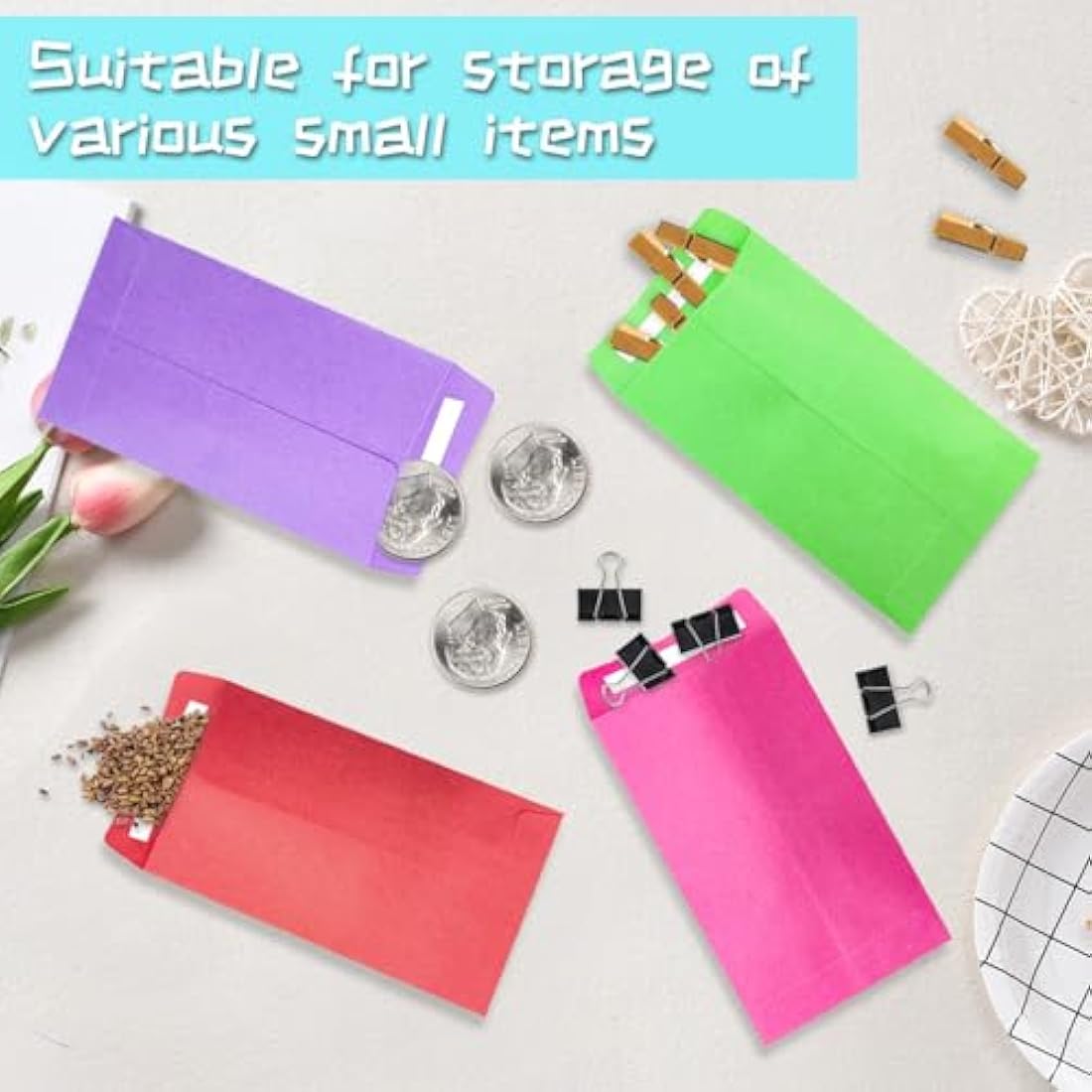 100Pcs Money Envelopes, Coloured Seed Envelopes Self-Adhesive Seed Packets Mini Envelopes Coin Envelopes for Wages, Seeds, Coins, Beads or Stamps(10x6cm/3.9x2.4inch)