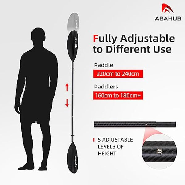 Abahub 3-Piece Kayak Paddle Carbon Adjustable 220 cm to 240 cm Double Paddle with Paddle Leash for Kayaking Rowing Boat, Carbon Shaft Plastic Blades Black/White/Blue/Green/Orange/Yellow/Turquoise