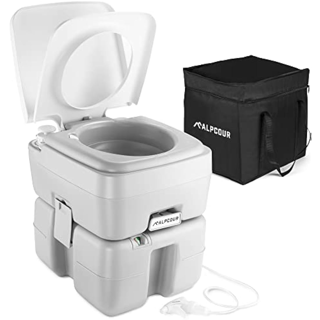 Alpcour Portable Toilet – Compact Indoor & Outdoor Commode w/Travel Bag for Camping, RV, Boat & More – Piston Pump Flush, 5.3 Gallon Waste Tank, Built-In Pour Spout & Washing Sprayer for Easy Cleaning