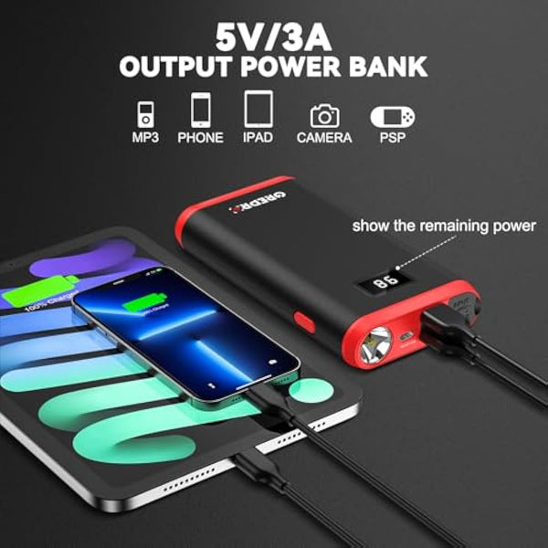 GREPRO Jump Starter Power Pack (up to 6.5L Gas, 4.0L Diesel), Car Battery Booster Jump Starter and Jump Pack for 12V Vehicles, Motorcycle, Battery Booster with LCD Screen and LED Flashlight