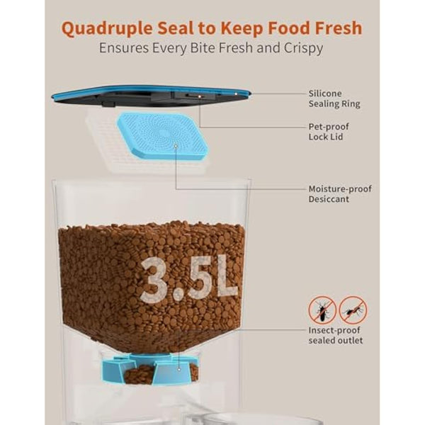 HoneyGuardian Automatic Cat Feeder for Two, Programmable Cat Feeder with Stainless Steel Bowl, 3.5L, Dual Power Supply, 1-6 Meals per Day