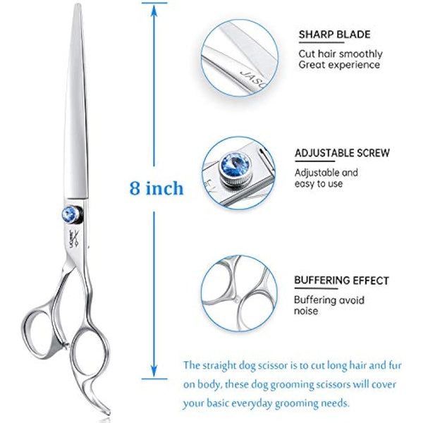 JASON 8" Straight Dog Grooming Scissors Pets Grooming Shears Premium Cats Trimming Kit with Offset Handle and a Jewelled Screw