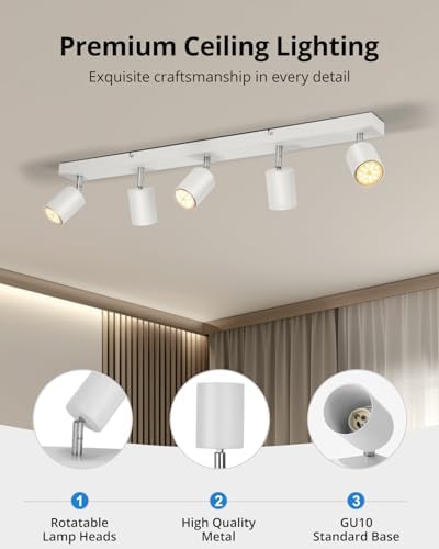 Gr4tec Ceiling Spotlights 5 Way, Modern LED Ceiling Lights Fitting White, Kitchen Spot Lights Including 5 X 6W GU10 Bulbs Warm White 2700K 550lm, Adjustable Spot Lights Bar for Bedroom Living Room