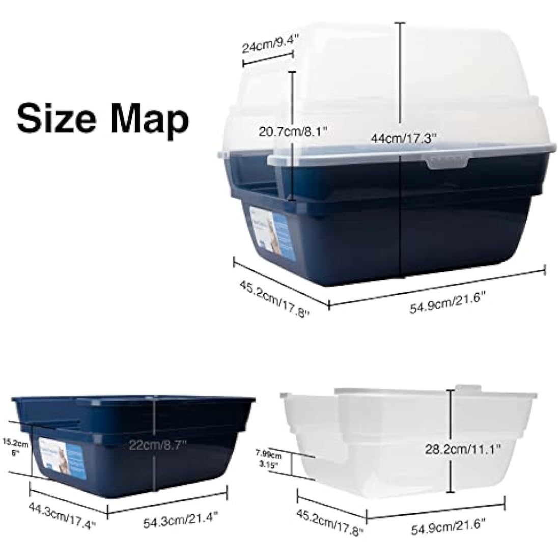 Petfamily 3-in-1 Cat Litter Box with Transparent Hood - Foldable Large Hooded cat litter Tray, Covered Cat Toilet with Anti-Leak Design, Space Saving Litter Pan for Kittens & Adult Cats 55x45x44cm